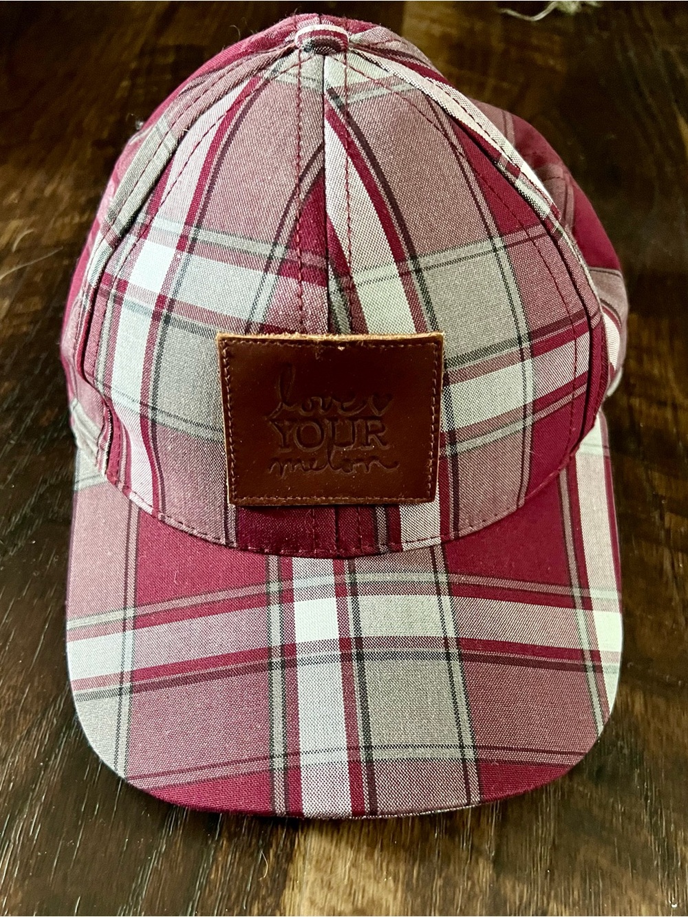 Love Your Melon Burgundy Plaid Baseball Cap Leather Patch Made in USA